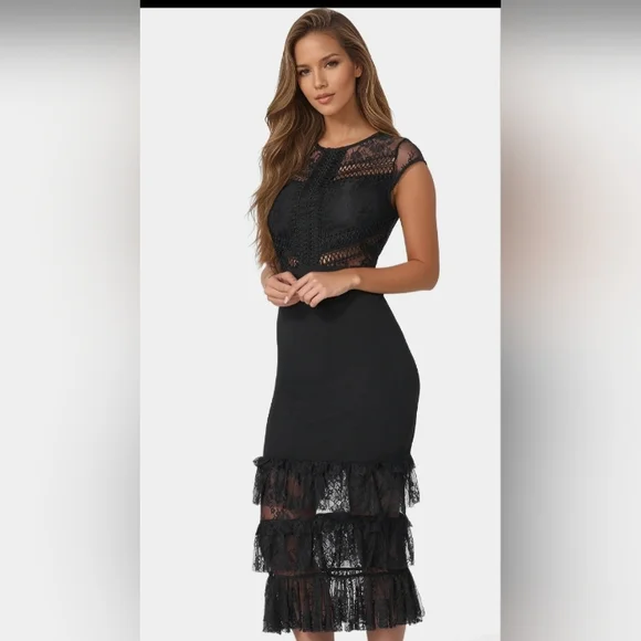 Bebe Tiered Lace Elegant Midi  Dress Color Black Size Large - Picture 2 of 8